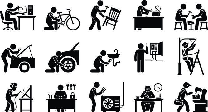 Set of sixteen diverse flat icons showing people working in different professions