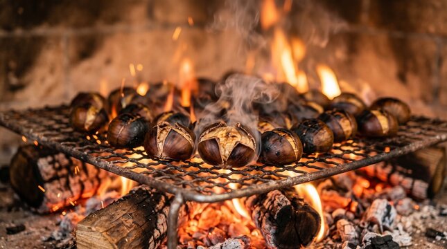 Chestnuts Roasting on Open Flame Grill Fireplace Smoke