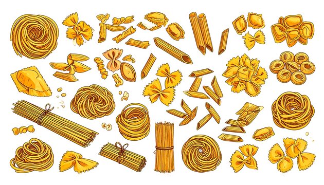 A digital illustration of various types of golden pasta and bread on a white background