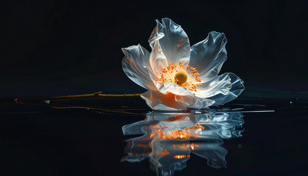 Flor branca delicada sobre superf&iacute;cie refletora