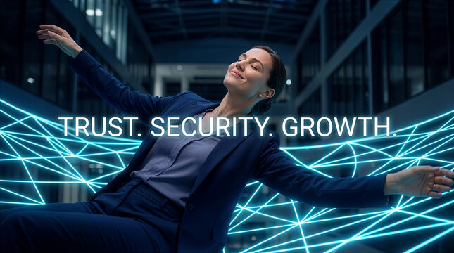 Businesswoman performing trust fall into glowing digital safety net representing corporate security and growth