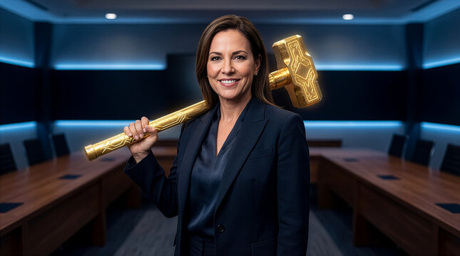 Confident female executive holding large golden hammer in modern boardroom representing business power