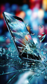 Broken Smartphone Screen with Flying Glass Shards Technology Damage Concept AI Generative