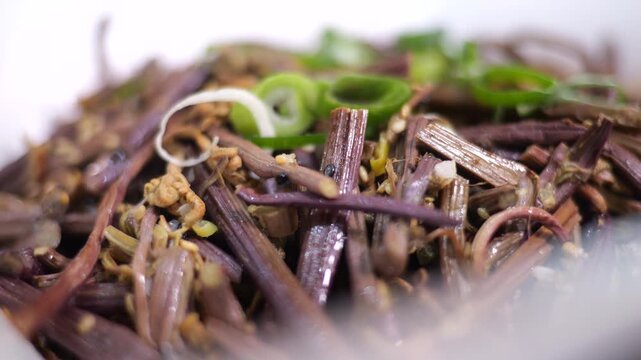 Korean traditional side dish seasoned bracken Gosari namul K-food vegetable cooking 대한민국 한국 한식 고사리나물 고사리 산나물 나물 무침 요리 조리 과정 양념 주방 식당 맛집 명절 음식 제사상 비법 전통의 맛 고소한 풍미 깊은 향 감칠맛 쫄깃한 식감 반찬 채소 야채 신선식품 미식 식문화 로