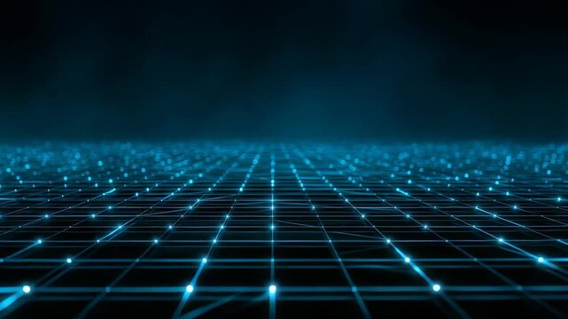 A vibrant blue grid pattern forms a seamless digital floor, evoking concepts of cyberspace and innovation. The glowing lines and dark backdrop suggest a high tech, futuristic environment