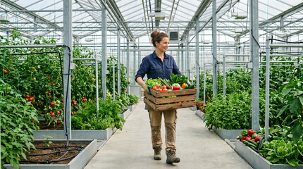 Obraz premium Woman carrying vegetable crate in greenhouse