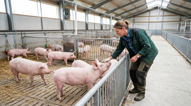 Farmer feeding pigs in modern pig barn