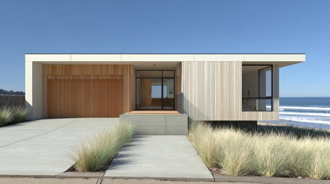 Contemporary residence featuring wooden cladding and large windows situated near the oceanfront