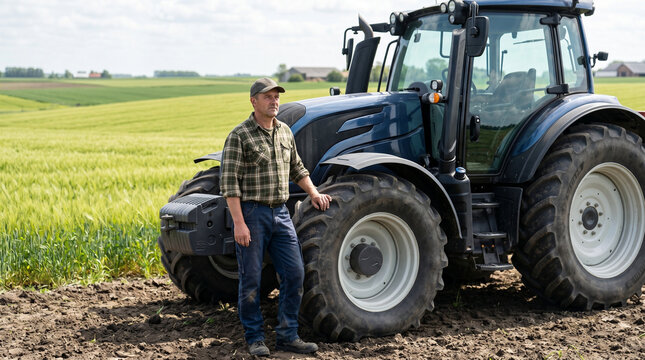 Farmer standing beside tractor in field
