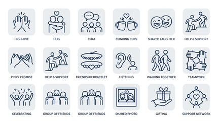 Fototapeta premium Set of outline icons representing human connection, friendship, and support services