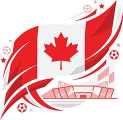 Obraz premium Dynamic Canada Flag Vector Illustration with Soccer Theme, Abstract Red Swooshes, and Stadium Background for 2026 World Cup