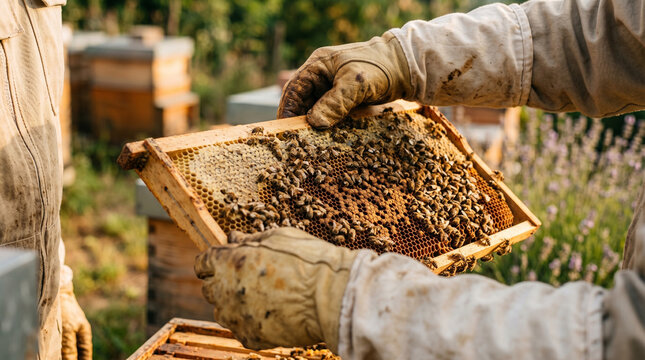 Beekeeper hands inspecting honeycomb frame