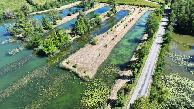 Succieu, France - 13 June 2026: Aerial view of rectangular ponds and lush green vegetation on the grounds of Chateau de Milliassieres under a clear sky.