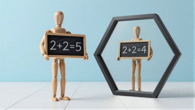 Wooden figure holds wrong math, mirror shows correct answerconcept of error and truth.