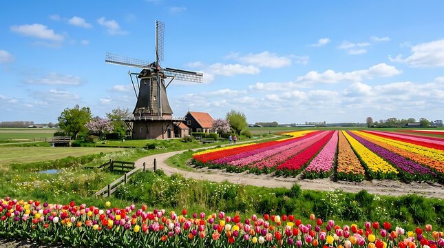 Tulip field with windmill Netherlands.