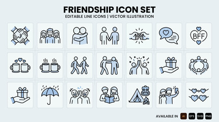 Fototapeta premium Friendship Icon Set Editable Line Art Vector Illustrations for Social Connections and Relationships