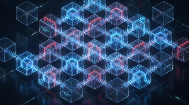 Isometric 3D Grid of Transparent Tech Cubes in Red and Blue