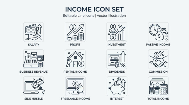 Editable Line Icon Set Illustrating Financial Concepts like Salary, Profit, Investment, and Income