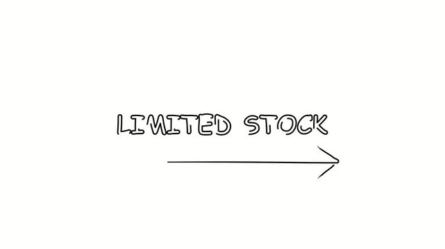 Limited stock. Contour drawing business text animation with arrow, direction. Continuous line word. Isolated message on white. Video 4k object illustration self-drawing. Minimalist continuous line dra