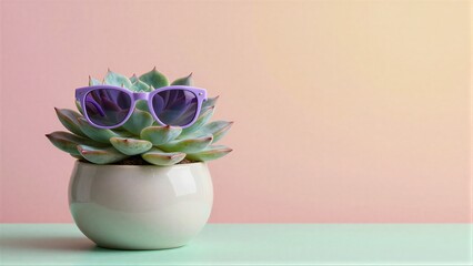 Succulent in purple sunglasses, potted plant on pastel surface. © joeycheung