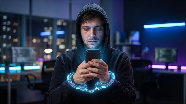 Man in black hoodie holding smartphone with glowing digital handcuffs representing cybercrime and tech addiction