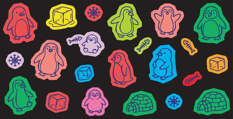 Colorful cartoon penguin stickers with ice cubes, fish, and snowflakes on a black background, perfect for winter and arctic themes. © Riki