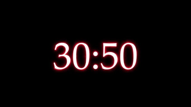 Digital countdown timer neon light style on black background.Digital pink neon countdown timer showing seconds passing.