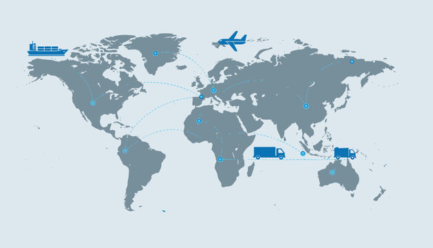 Global logistics and international trade map showing routes for container ships, cargo planes, and delivery trucks across continents.