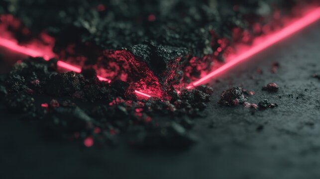 Intense magenta light beam illuminates rough, dark granular material up close