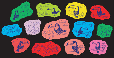 Obraz premium Colorful Toucan Bird Illustrations on Torn Paper Shapes, Tropical Jungle Design Elements.
