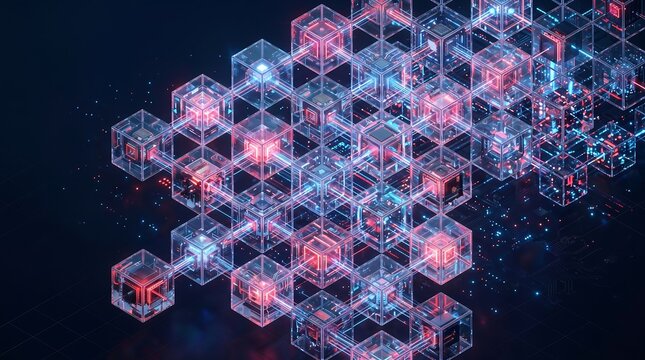 Isometric 3D Grid of Transparent Tech Cubes in Red and Blue