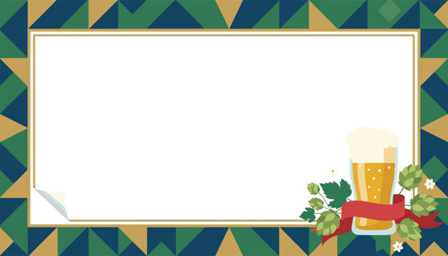 Festive brewery frame with classic glass of beer and fresh hop branches against colorful geometric pattern background.