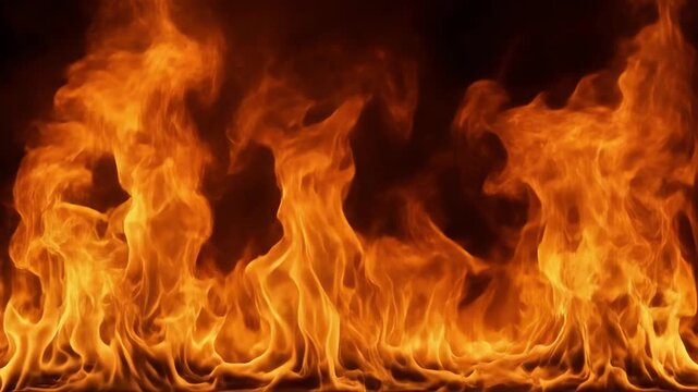 Close up of bright orange flames dancing in darkness.