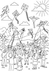Fototapeta premium Joyful Group of People Flying Colorful Kites in Park.