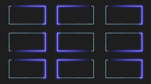 Abstract neon light rectangle frame and seamless loop pattern animation background. Gradient neon frames with smoke, led rectangular borders with mist effect, transparent glowing haze overlay 4K