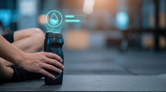 Smart Hydration, Fitness Tracking, and Wellness Concept: Floating Cyan Holographic Water Droplet Icon and Fluid Level Tracking Bars above Blurred Hand Gripping Bottle on Gym Mat