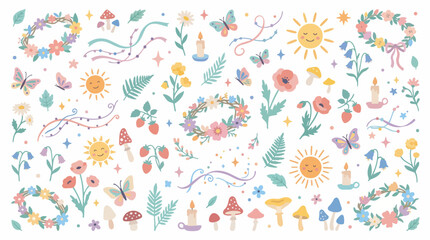 Obraz premium Whimsical collection of charming illustrations featuring suns, butterflies, flowers, mushrooms, and floral wreaths, evoking a magical and natural theme.
