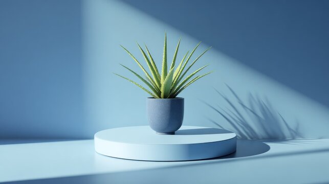Succulent plant displayed on a minimalist circular pedestal against a cool blue background with dramatic shadow