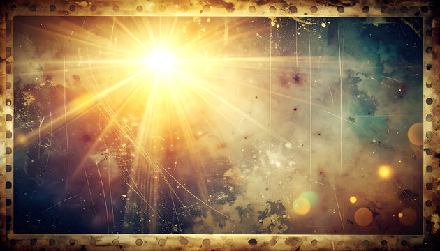 Vintage distressed film frame with golden sun rays light leaks, grunge texture overlay with cinematic dust and scratches, retro photographic memory aesthetic