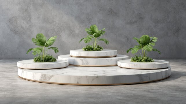 Three tiered marble presentation stands feature small tropical foliage against a textured gray wall