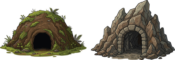 Two Detailed Stone Cave Entrance Vector Illustration Set with Moss, Rocks, and Ruins for Fantasy, Adventure, and Game Design Projects © MdRiazul