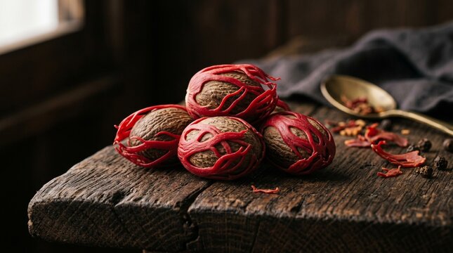 Premium Organic Whole Nutmeg Seed With Red Mace Commercial Product Photo