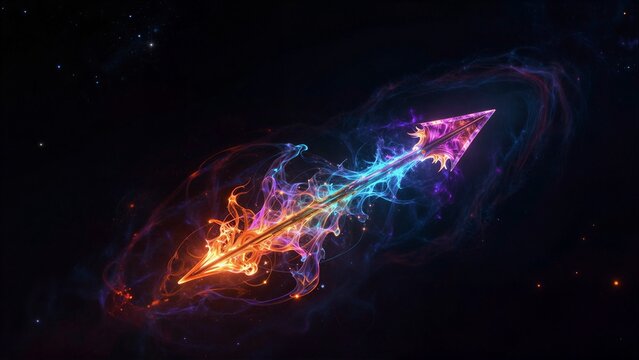 A vibrant, glowing arrow streaks through cosmic space with swirling nebulae and stars.