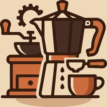 Brown Coffee Maker and Cup Illustration.