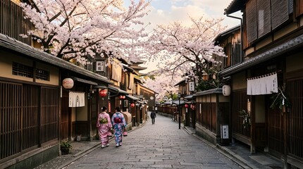 Fototapeta premium traditional Japanese street in Kyoto lined with cherry blossom trees in full bloom