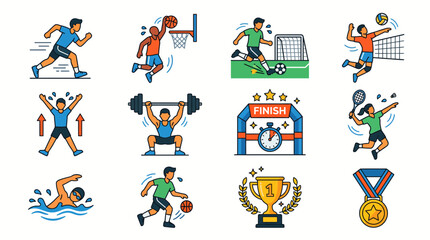 Fototapeta premium Back to School sports icons set including athletes competing in various games and activities