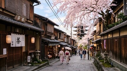 Fototapeta premium traditional Japanese street in Kyoto lined with cherry blossom trees in full bloom