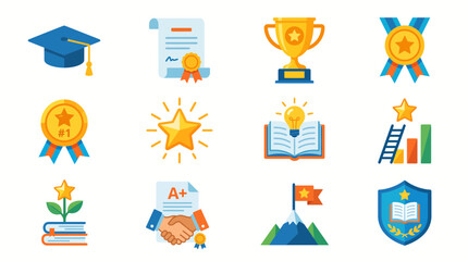 Fototapeta premium Back to School icons set for education and learning, featuring graduation cap, certificate, trophy, and book symbols