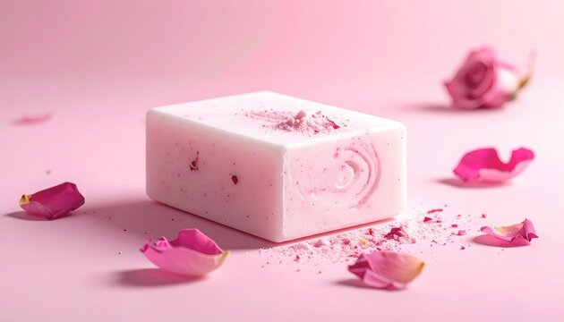 Pink soap bar with rose petals.