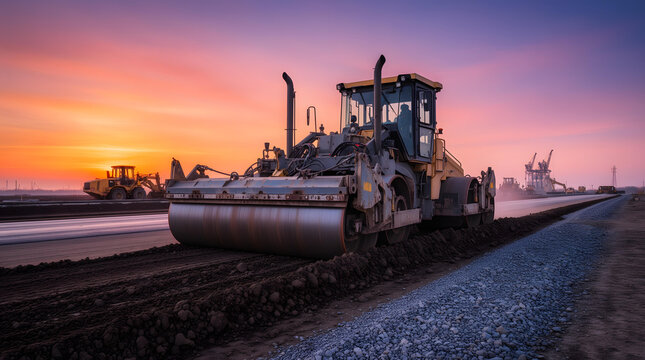 Road roller asphalt construction highway machinery compactor sunset paving heavy equipment compacts asphalt roadwork site colorful evening sky